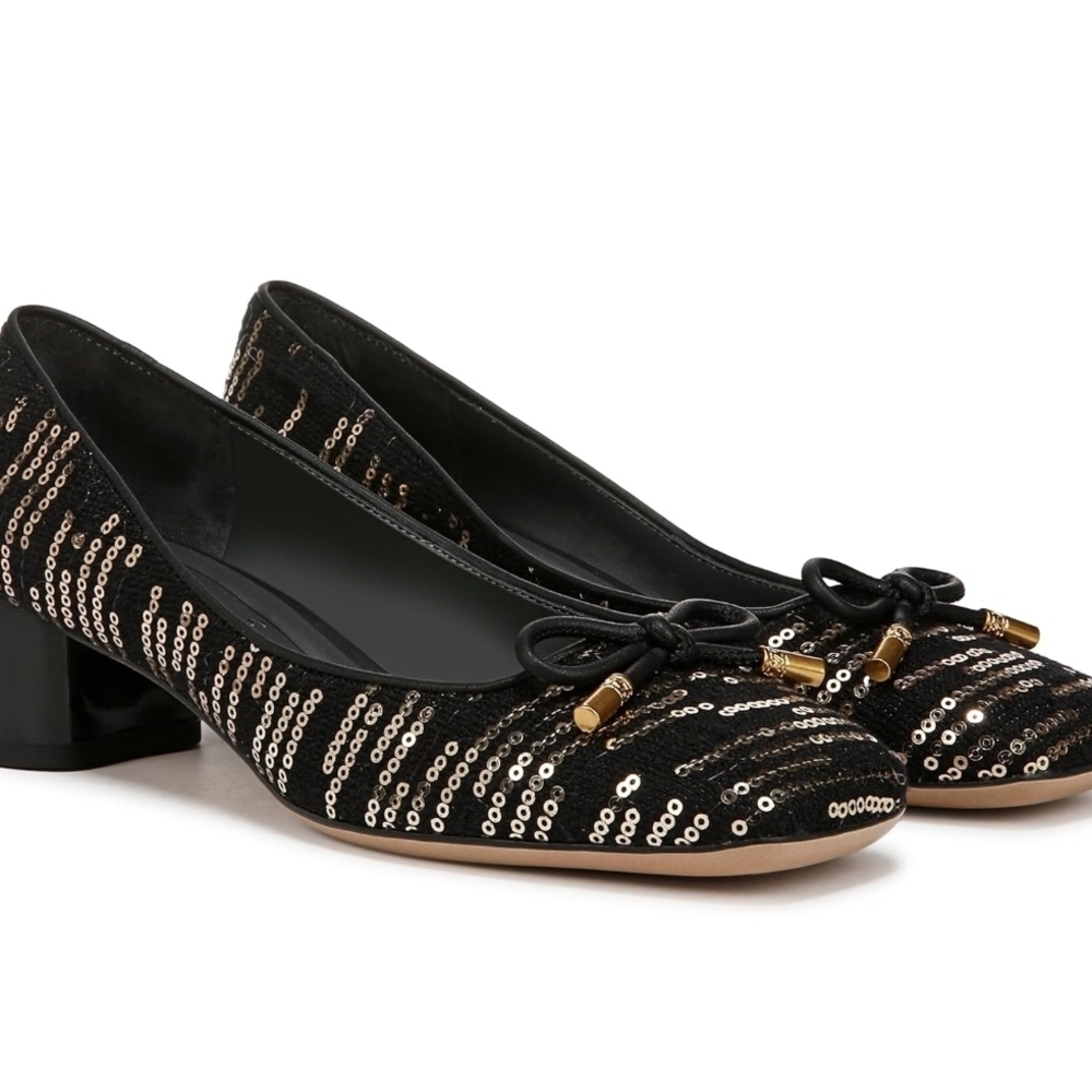 Franco Sarto‎ Natalia Square Toe Heel Pumps In Back/Gold Sequined Women's 9.5M